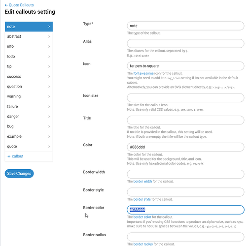 The image is a configuration interface for editing callout settings, showcasing fields for Type, Alias, Icon, Icon size, Title, Color, Border width, Border style, and Border color, with options for adding a custom SVG icon and saving changes. (Captioned by AI)