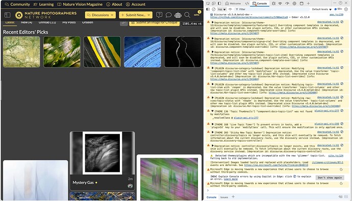 تُظهر الصورة صفحة مستودع GitHub تعرض إشعارات إهمال JavaScript جنبًا إلى جنب مع أوراق بحثية عن محاكاة الأجنحة وصور ذات طابع طبيعي في منتدى شبكة مصوري الطبيعة. (تم تعليق الصورة بواسطة الذكاء الاصطناعي)