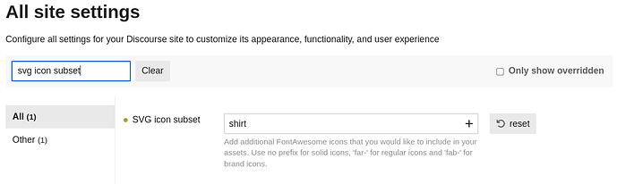 Uma captura de tela da configuração de configurações do site para Discourse, mostrando uma opção de ícone SVG. (Legenda gerada por IA)