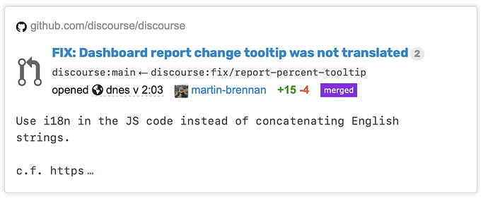 Un problème Github avec un titre concernant la correction des changements de rapports de tableau de bord et un commentaire suggérant d'utiliser i18n au lieu de concaténer des chaînes en anglais. (Légendé par l'IA)