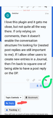 Dies ist ein Screenshot eines Smartphones, das eine Konversation in einer Messaging-App anzeigt. Die Textnachricht stammt von einer Person namens Gothicur und lautet „Ich liebe dieses Plugin und es bringt mich nahe, aber nicht ganz dorthin. Wenn man sich nur auf Kommentare verlässt, dann ermöglicht es nicht, dass Gesprächsbeiträge immer noch wichtig für mich sind. Wenn ich anderen Benutzern erlaube, neue Einträge in ein Journal zu erstellen, kann ich wieder auf den Anfang der neuen Antworten auf den OP (Originalbeitrag) zurückgreifen, weil ich einen Beitrag auf den OP haben kann.“ Unter der Textnachricht gibt es ein „Antworten“-Feld, eine „Lesezeichen“-Schaltfläche und andere Benutzeroberflächenelemente. (Beschriftet von KI)