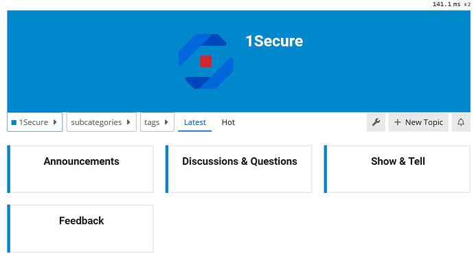 La imagen es de la pantalla de inicio del foro comunitario 1Secure, que presenta secciones de anuncios, discusiones y preguntas, exhibición y cuenta, comentarios y últimas publicaciones. (Subtitulado por IA)