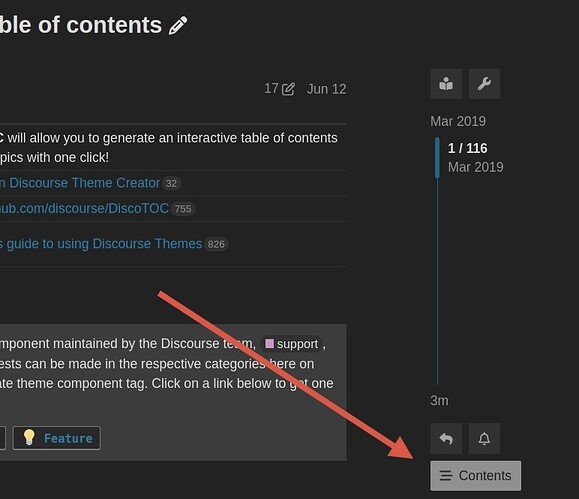Esta imagen muestra una captura de pantalla de una página web titulada "Tabla de contenido" con una flecha roja prominente apuntando hacia abajo a un botón etiquetado como "Contenido". (Subtitulado por IA)