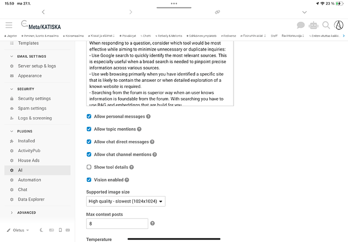 该图像显示了 Meta/KATISKA 仪表板,重点介绍了使用论坛和 Google 搜索进行广泛搜索的设置,以及个人和直接消息访问、频道提及、聊天详细信息和图像大小选择等选项。(由 AI 题注)