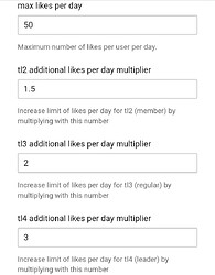 The image is a screenshot of the Discourse settings interface, displaying a table with different maximum numbers of likes per day. (Captioned by AI)