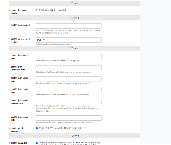 The image displays a settings page for OAuth2 user details, including various fields for fetching, verifying, and retrieving information from OAuth2 user JSON URLs. (Captioned by AI)