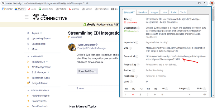 L'immagine mostra un post del blog intitolato "Streamlining EDI integration with Celigo's 2B2B Manager" sul sito web CeligoConnect, con uno strumento SEO che mostra un riepilogo, metriche SEO e analisi degli elementi della pagina. (Didascalia dell'IA)