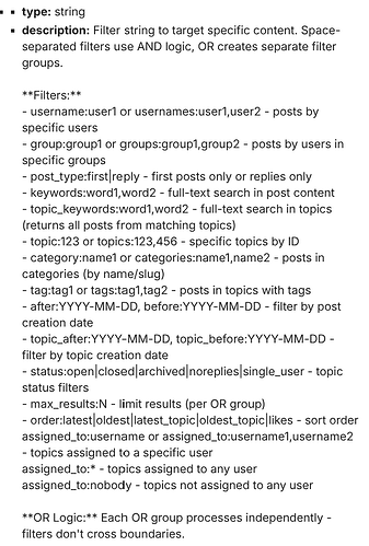 Esta imagen presenta una lista detallada de cadenas de filtros y opciones lógicas para dirigir contenido específico dentro de un sistema, cubriendo criterios como nombres de usuario, grupos, tipos de publicaciones, palabras clave, temas, categorías, etiquetas y rangos de fechas. (Subtitulado por IA)