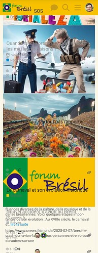 La imagen es una captura de pantalla de una publicación de foro sobre un evento de Carnaval en Brasil, que presenta una escena de avión y un vibrante desfile de carnaval. (Subtitulado por IA)