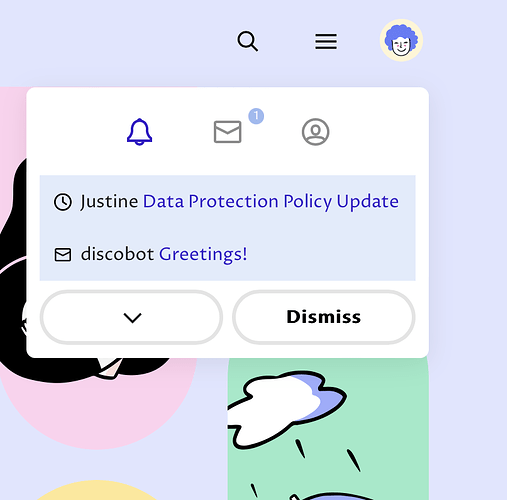 The image shows a notification overlay with messages for "Justine Data Protection Policy Update" and "discobot Greetings!" and an option to dismiss. (Labeled by AI)