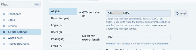 A imagem mostra uma página de configurações com um ID de contêiner do Google Tag Manager (GTM) exibindo um ID de exemplo ao lado de um botão de redefinição. (Legenda por IA)