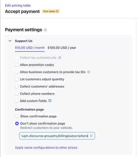 Uno screenshot di una pagina delle impostazioni di pagamento che mostra opzioni per supportare un servizio e configurare una pagina di conferma. (Didascalia generata dall'AI)
