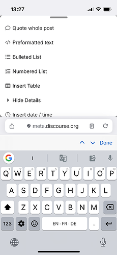 スマートフォンの画面に、discourse.orgウェブサイトでのメッセージ作成用のキーボードとフォーマットオプションを備えたテキストエディタインターフェイスが表示されています。(AIによるキャプション)