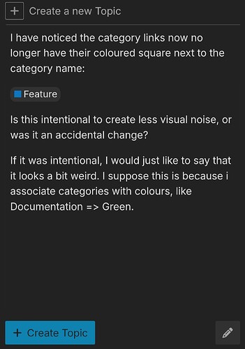 L'image montre un commentaire discutant de l'absence de carrés colorés à côté des noms de catégories dans une interface logicielle, se demandant si c'est intentionnel ou accidentel, avec une suggestion que la documentation devrait être verte. (Légendé par l'IA)
