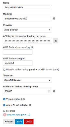 该图像显示了一个用于配置工具的表单,涉及 AWS Bedrock 上 Amazon Nova Pro 模型的设置,包括模型 ID、提供商、API 密钥、访问密钥 ID、区域、分词器等选项。(由 AI 标注)