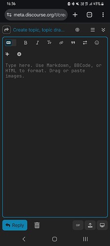 Uma tela de smartphone exibe uma interface de fórum com opções para criar um novo tópico, formatar texto com Markdown, BBCode ou HTML e inserir imagens. (Legenda por IA)