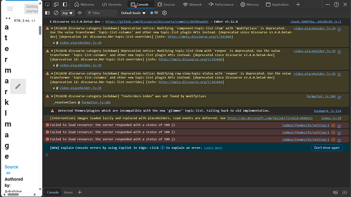 L'immagine mostra un notebook Jupyter che visualizza codice relativo a un avviso di deprecazione del forum Discourse, inclusi errori della console relativi a notifiche di deprecazione e risorse non riuscite su più elementi. (Didascalia dell'IA)