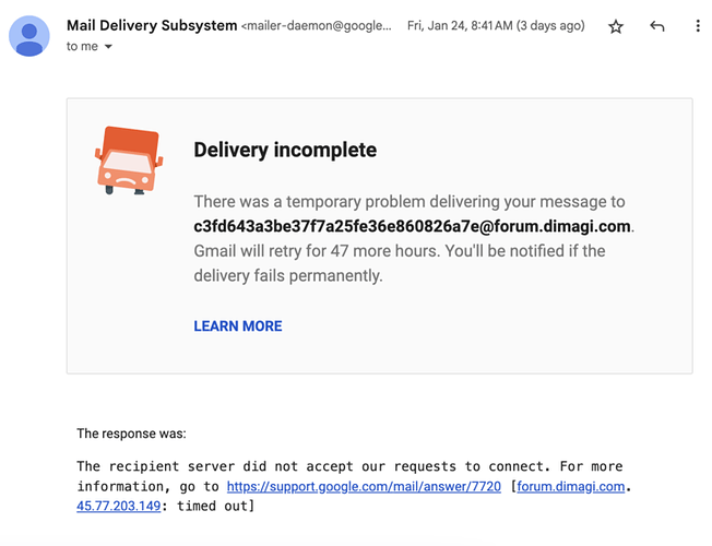 Dieses Bild zeigt eine E-Mail-Benachrichtigung von Google über ein Problem bei der E-Mail-Zustellung, in der angegeben wird, dass die Nachricht an eine Forenadresse nicht zugestellt werden konnte, da der empfangende Server die Verbindungsanforderung nicht akzeptierte und es erneut versucht wird. (Beschriftet von KI)
