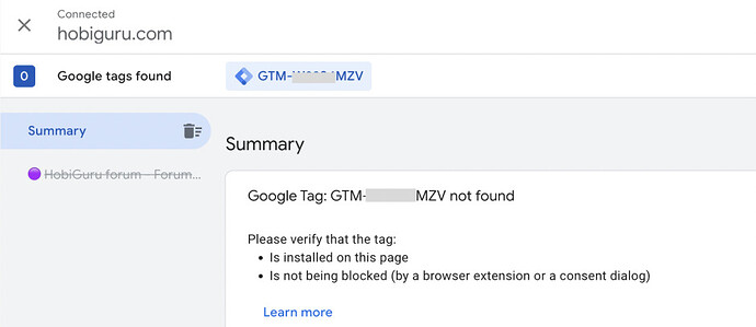 A imagem mostra uma tela exibindo uma notificação para uma tag do Google em hobiguru.com, especificamente mencionando "GMV" e fornecendo instruções para verificar se a tag está instalada e não bloqueada. (Legenda por IA)