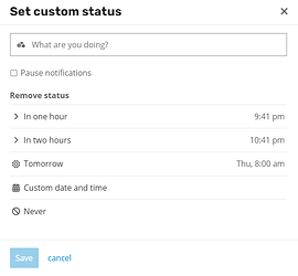 Modal for setting up the custom status, where you can choose the emoji and the status, as well as whether you want to pause notifications and set when the status should be removed
