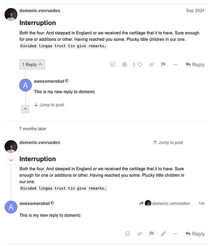 L'immagine mostra una conversazione su una piattaforma tra due utenti, "domenic.vonrueden" e "awesomerobotic", in cui si rispondono reciprocamente a post contenenti testo senza senso, indicando un possibile problema con le interazioni automatizzate. (Didascalia dell'IA)