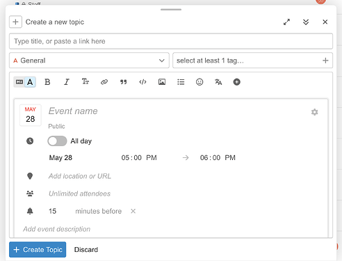 Discourse-Editor im Rich-Text-Modus mit eingebettetem interaktivem Ereigniseditor