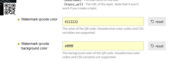 L'image est une capture d'écran montrant les options de couleur et de couleur d'arrière-plan du code QR du filigrane, chacune avec un champ de saisie de texte et un bouton de réinitialisation, où les codes hexadécimaux et les variables CSS sont pris en charge. (Légendé par l'IA)