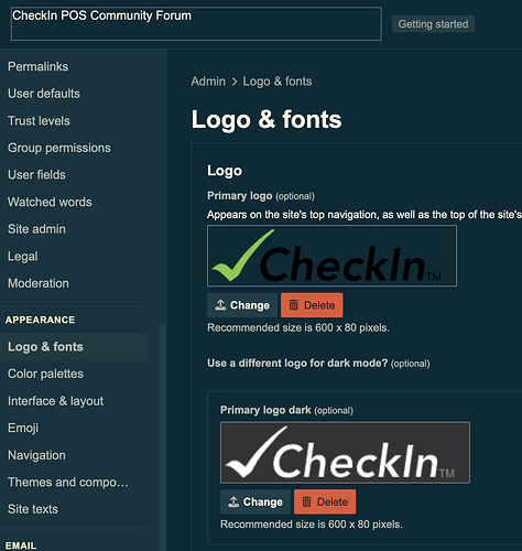 تُظهر الصورة واجهة مستخدم لتخصيص الشعارات والخطوط على موقع Checkln، وتشير إلى أن حجم صورة علامة الاختيار يجب أن يكون 600 × 80 بكسل مع خيارات لتغيير الشعارات أو حذفها وألوان مختلفة. (تم التعليق بواسطة الذكاء الاصطناعي)
