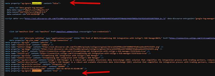 L'immagine mostra un file di codice contenente tag meta HTML con attributi di contenuto e dati che fanno riferimento a una connessione di risorse web, incluse proprietà meta come "og:title" e "og:image", nonché impostazioni host e applicazione. (Didascalia dell'IA)