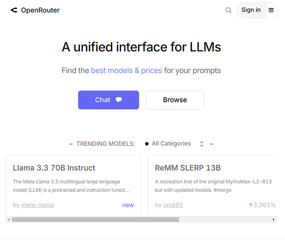 Das Bild zeigt eine Webseite namens „OpenRouter“, die eine einheitliche Oberfläche zum Finden der besten Modelle und Preise für Prompts bietet und Trendmodelle wie Llama 3.3 70B Instruct und ReMM SLERP 13B zeigt. (Beschriftet von KI)