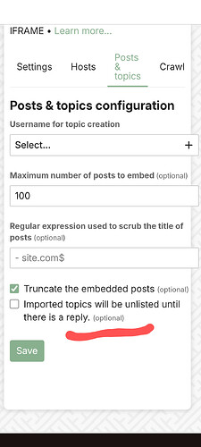 Esta imagem exibe uma configuração para IFrame, focando em posts e tópicos, com opções para truncar títulos de posts usando uma expressão regex e controles para incorporar contagens de posts. (Legenda por IA)