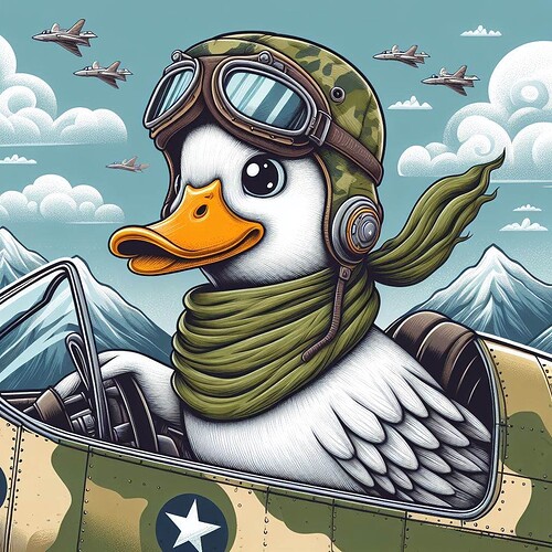 An anthropomorphic duck dressed as a vintage pilot is seated in a military aircraft, with fighter planes and mountainous landscapes in the background. (Captioned by AI)