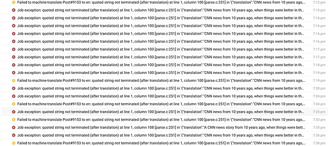 L'immagine mostra una serie di messaggi di errore che indicano eccezioni multiple di processi relativi a stringhe quotate non terminate correttamente in un'attività di traduzione. (Didascalia dell'IA)