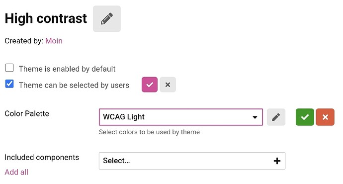 La imagen muestra una interfaz de usuario para configurar un tema de "Alto contraste" con opciones como habilitarlo por defecto, permitir que los usuarios lo seleccionen y un menú desplegable de selección de paleta de colores titulado "WCAG Light". (Subtitulado por IA)