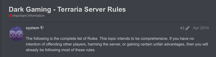 The image is a screenshot of a webpage that lists the Terraria Server Rules from the Dark Gaming forum, with a warning that not adhering to these rules can result in penalties. (Captioned by AI)