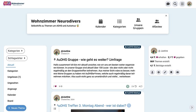 The image shows a screenshot of a social media page called "Wohnimmer Neurodivers" with posts by a user about their Autism Society group, discussing their positive experiences. (Labeled by AI)