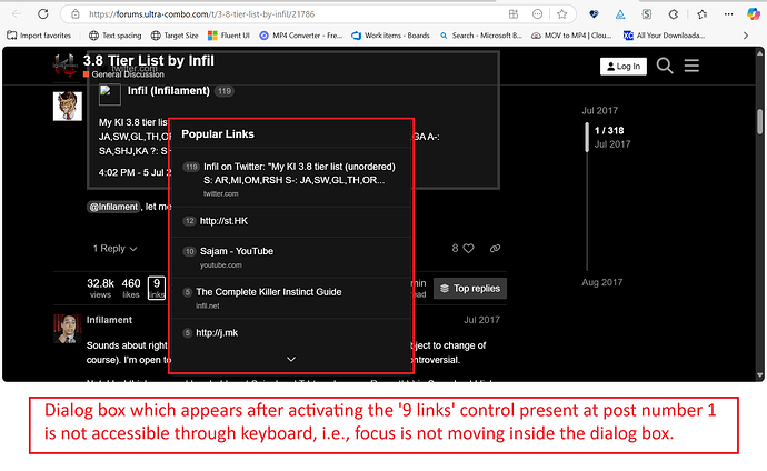 Dialog box which appears after activating the '9 links' control present at post number 1 is not accessible through keyboard, i.e., focus is not moving inside the dialog box.