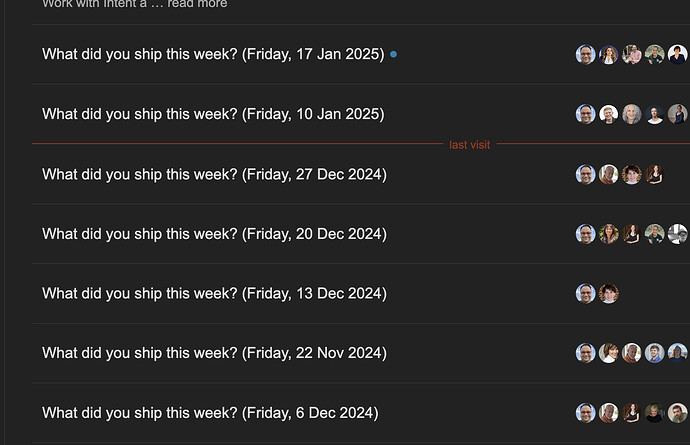 The image shows a chat log with multiple messages dated from late November 2024 to early January 2025, asking "What did you ship this week?" and displaying profile icons for participants. The last message highlighted in orange indicates the most recent one from a previous Friday. (Captioned by AI)