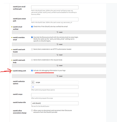 Discourse 配置页面的屏幕截图,其中包含 OAuth2 身份验证选项,包括电子邮件验证、头像路径和调试信息的设置。(由 AI 标注)