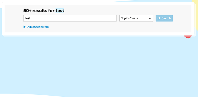 Das Bild zeigt eine Suchoberfläche mit der Anzeige „50+ Ergebnisse für Test“ und einer Schaltfläche „Suchen“ sowie dem Text „Test“ in der Suchleiste, daneben ein Dropdown-Menü mit der Bezeichnung „Themen/Beiträge“. (Beschriftet von KI)