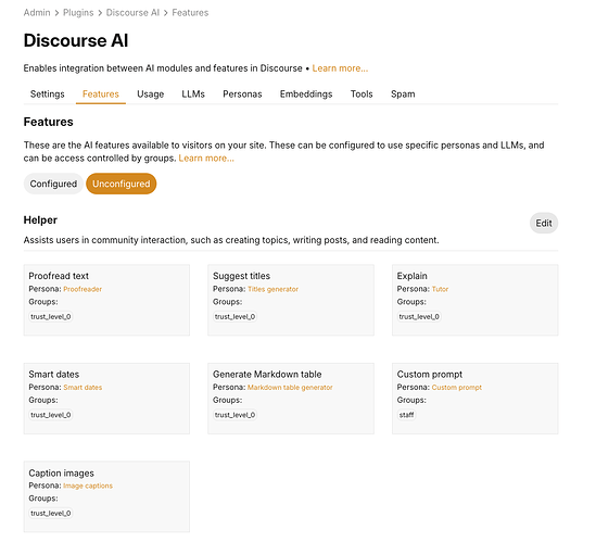 L'image montre les options de configuration pour diverses fonctionnalités d'IA dans le plugin Discourse AI, y compris des fonctionnalités telles que la correction de texte, la suggestion de titres, le formatage des dates, la génération de tableaux Markdown et la légende d'images, avec des contrôles d'accès pour des personas et des niveaux de confiance spécifiques. (Légendé par l'IA)