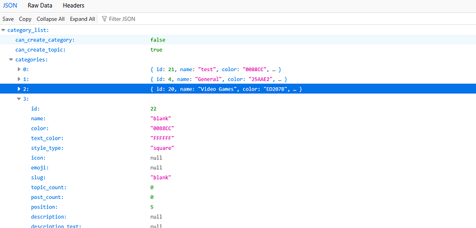 الصورة عبارة عن لقطة شاشة لبيانات JSON تعرض بنية تحتوي على فئات ومواضيع وتفاصيل مشاركات، بما في ذلك معرفات وأسماء وألوان وقيم نصية محددة. (تم تعليقها بواسطة الذكاء الاصطناعي)
