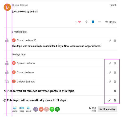 Cette image semble être une discussion sur un fil de discussion ou un forum, montrant différents états d'un sujet ouvert, fermé, non répertorié, ainsi que des décomptes de vues, des décomptes de likes, des décomptes d'utilisateurs et des messages concernant le calendrier de clôture du sujet et les restrictions de limitation de débit. (Légendé par l'IA)