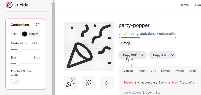A imagem exibe a interface do aplicativo Lucide com um drawer de ícones personalizável, mostrando um exemplo de ícone estilo emoji "party-popper" e um trecho de código destacando como importar ícones do Lucide usando formatos SVG e JSX. (Legendado por IA)
