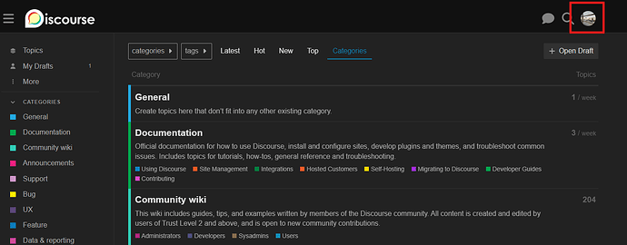 The image highlights the avatar in the header of a Discourse forum