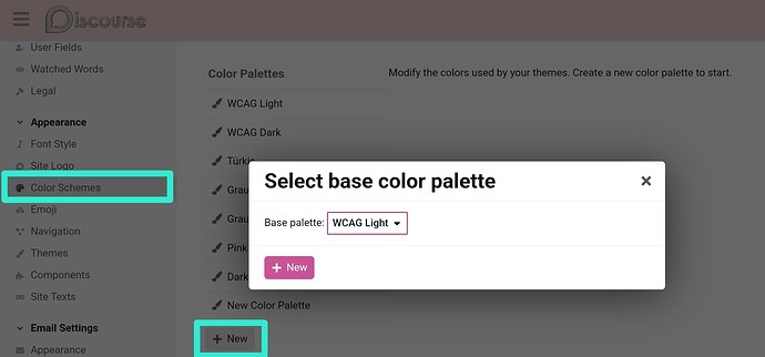 La imagen muestra una interfaz de usuario para seleccionar una paleta de colores base en una aplicación de software, con opciones como WCAG Light entre otras, y un botón para crear una nueva paleta. (Subtitulado por IA)