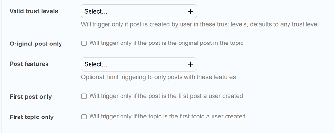 A imagem mostra opções de configurações para selecionar níveis de confiança válidos, limitar gatilhos a postagens criadas por usuários e habilitar recursos para a primeira postagem e tópico em uma discussão. (Legenda por IA)