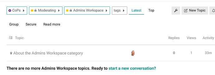 画像は、「Admins Workspace」というタイトルの空のDiscourseカテゴリを示しており、会話トピックはなく、ユーザーに新しい会話を開始するように促しています。(AIによるキャプション)