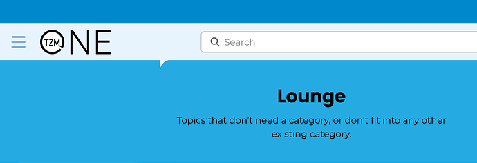 The image displays part of a website with a blue background, containing the word 'Lounge' as a category for topics that don't need a category, with a logo labeled as 'TZM ONE' and a search bar at the top. (Captioned by AI)