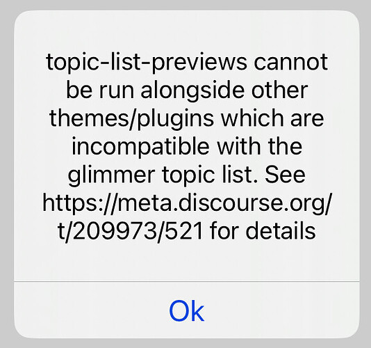 تُظهر الصورة رسالة تحذير حول عدم توافق سمة أو إضافة معينة مع قائمة موضوعات Glimmer، وتوجه إلى ملف تعريف Meta Dribbble لمزيد من المعلومات، مع زر "موافق" في الأسفل. (تم التقاطه بواسطة الذكاء الاصطناعي)